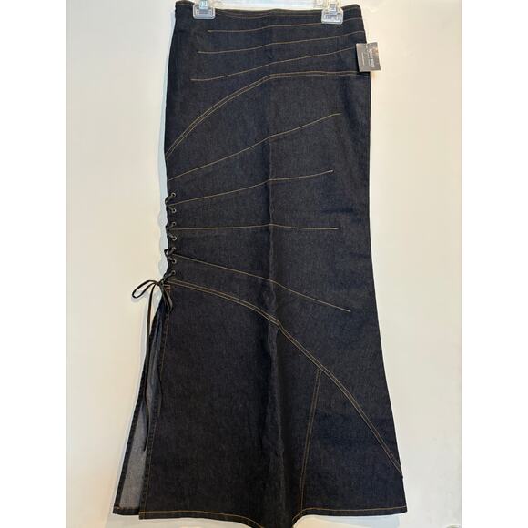 Bisou Bisou Dresses & Skirts - Vintage Y2K Denim Maxi Skirt Lace Up Asymmetrical Grunge Size 6 Dark Wash New